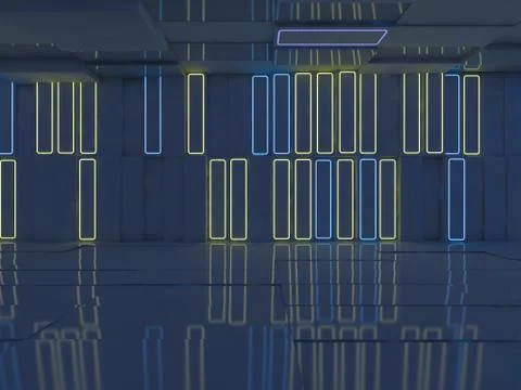 Background of an empty room with walls and neon light. Neon rays and glow. 3D Stock Illustration