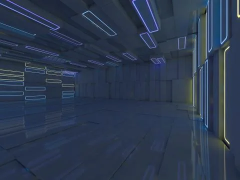 Background of an empty room with walls and neon light. Neon rays and glow. 3D Stock Illustration