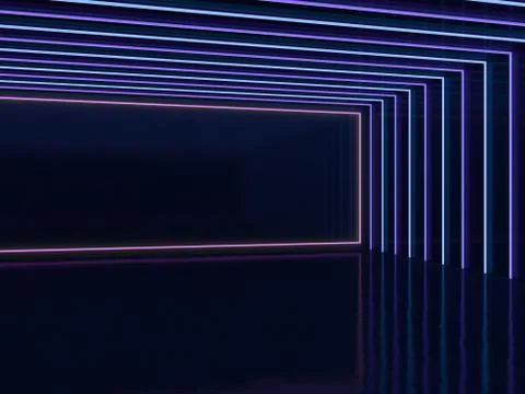 Background of an empty room with walls and neon light. Neon rays and glow. 3D Stock Illustration