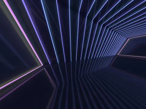 Background of an empty room with walls and neon light. Neon rays and glow. 3D Stock Illustration
