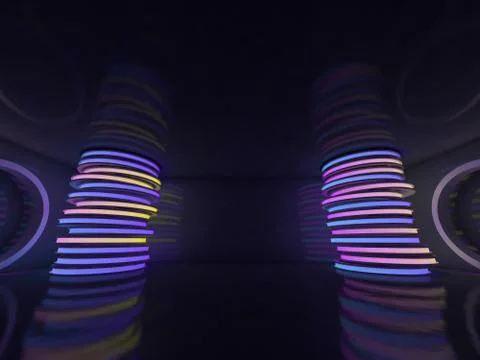 Background of an empty room with walls and neon light. Neon rays and glow. 3D Stock Illustration