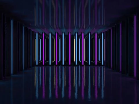 Background of an empty room with walls and neon light. Neon rays and glow. 3D Stock Illustration