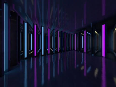 Background of an empty room with walls and neon light. Neon rays and glow. 3D Stock Illustration