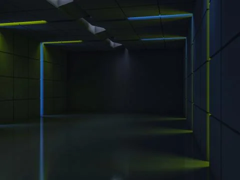 Background of an empty room with walls and neon light. Neon rays and glow. 3D Stock Illustration