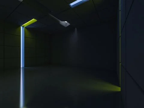 Background of an empty room with walls and neon light. Neon rays and glow. 3D Stock Illustration