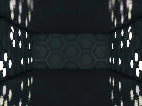 Background of an empty room with walls and neon light. Neon rays and glow. 3D Stock Illustration
