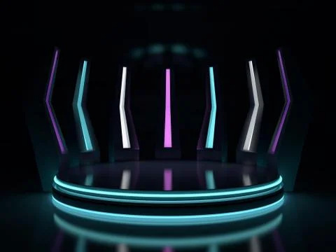 Background of an empty space and neon light. Neon rays and glow. 3D Stock Illustration