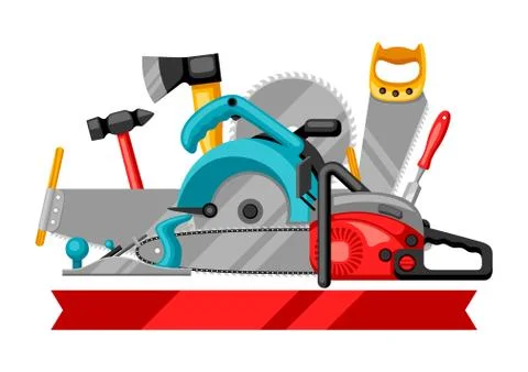 Background with equipment and tools for forestry and lumber industry Illustrazione stock