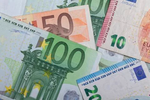 Background of euro notes of different values. Foto stock