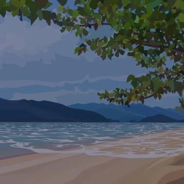 Background of evening sandy beach under the canopy of trees Stock Illustration
