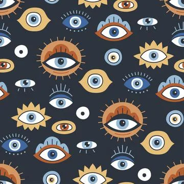 Background with evil, turkish, esoteric eye different shapes. Illustrazione stock