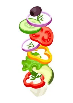 Background with falling vegetables. Fresh products for Greek salad. Mediter.. Stock Illustration
