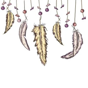 Background with feathers and pebbles in boho style . Handmade work.Vector Stock Illustration