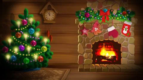 Background with a fireplace and christmas tree. Stock Illustration