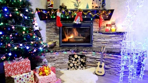 Background fireplace and xmas tree Stock Footage 99490827