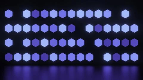 Background of flashing hexagons. Design. Glowing hexagons with reflection on Illustrazione stock