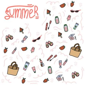 The background of flat hand-drawn illustrations is summer. Background texture Stock Illustration