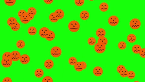 Background of flat pumpkins with faces on a green screen. 3D render. Stock Footage 253094613