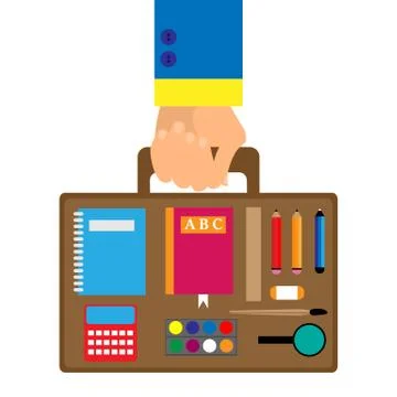 Background in a flat style with a hand carrying school bag inside which the Stock Illustration
