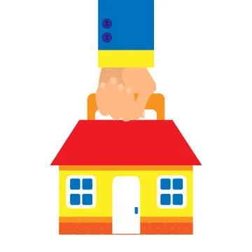 Background in a flat style with a hand carrying a house on a white background Stock Illustration