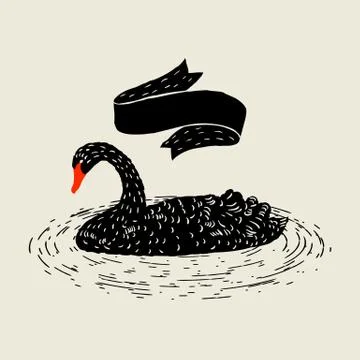 Background with floating black swan. Hand drawn bird Stock Illustration