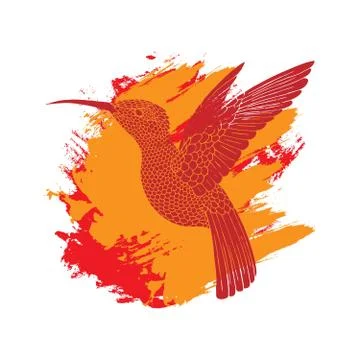Background with flying colibri bird on flame brush spots. Vector illustration. Stock Illustration