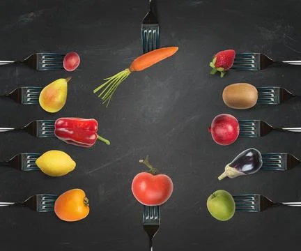 Background of forks with various vegetables and fruits 写真素材