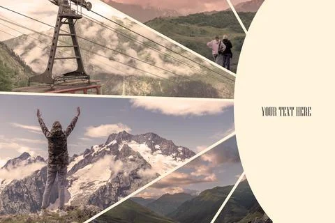 Background in the form of a collage on the theme of mountain travel. Poster o Stock Photos