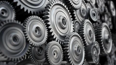 Background formed with group of 3D steel wheels in motion. 3D illustration Stock Illustration