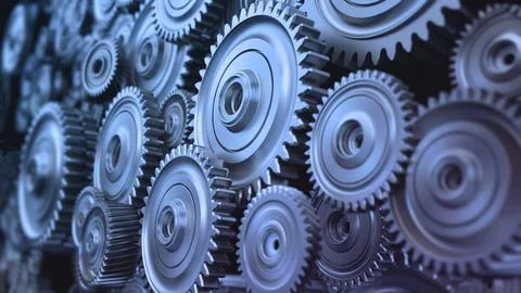 Background formed with group of 3D steel wheels in motion. 3D illustration Stock Illustration