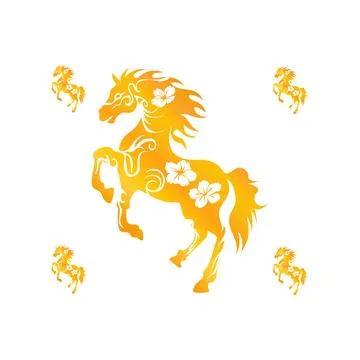 Background free vector Auspicious Golden Horse with Floral Accents on Red Illustrazione stock