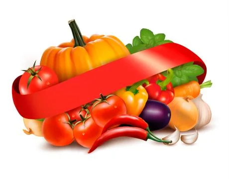 Background with fresh vegetables and red ribbon. vector. Stock Illustration