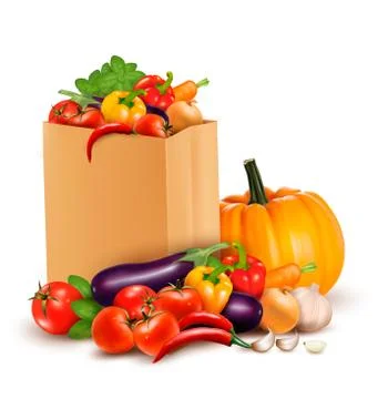 Background with fresh vegetables in paper bag. healthy food. vector illustrat Stock Illustration