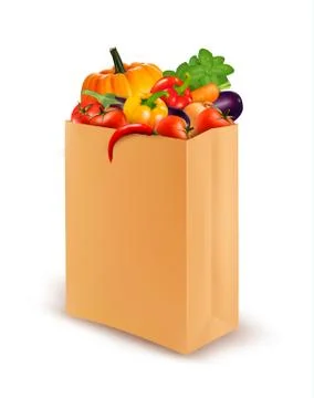 Background with fresh vegetables in paper bag. healthy food. vector illustrat Stock Illustration