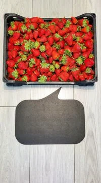 Background of freshly picked ripe strawberries in a plastic box. Fresh ripe Stock Photos