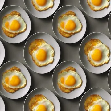 Background of fried eggs on ceramic gray saucers.  Seamless background Stock Illustration