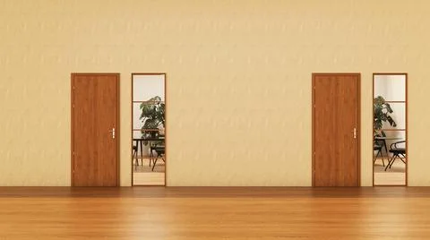 Background of front view office working room with door and window , 3D render Stock Illustration