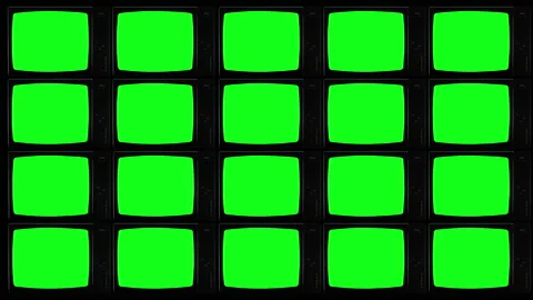 Background full of authentic old televisions. TV turning on Green Screen Stock Footage 150129831