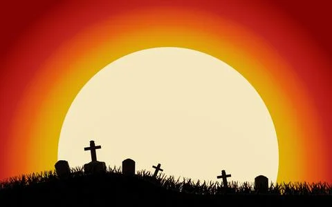 Background full moon orange and dead branches with tombstone or grave, no l.. Stock Illustration