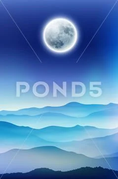 Background with fullmoon and mountains in the fog Stock Illustration