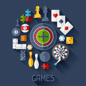 Background with game icons in flat design style. Stock Illustration