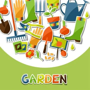 Background with garden sticker design elements and icons Illustrazione stock