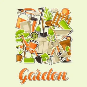 Background with garden tools and items. Season gardening illustration Stock Illustration