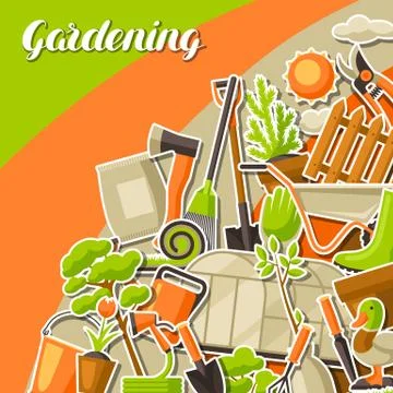 Background with garden tools and items. Season gardening illustration Illustrazione stock