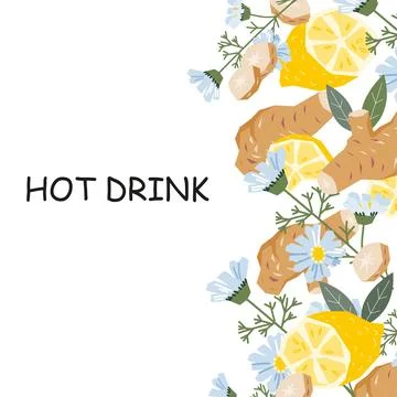 Background with ginger, chamomile and lemon for herbal tea and drinks label. Illustrazione stock