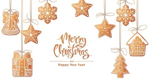 Background with gingerbread cookies hanging on strings. Christmas banner with Stock Illustration