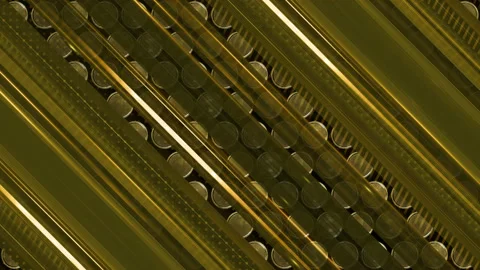 Background with gold coins. Precious pattern. Diagonal curtain lines with Stock Footage 154162261