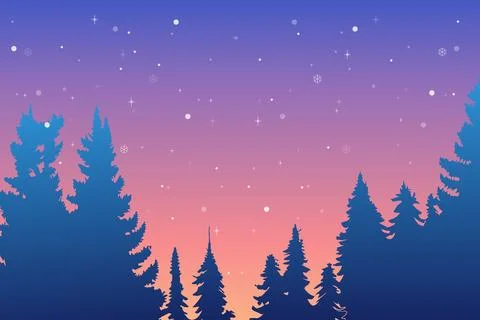 Background gradient. Silhouettes of fir trees, trees, sunset, sunrise. Stock Illustration