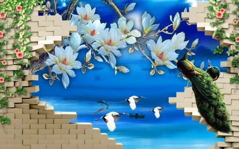 Background, gray bricks, peacocks, storks, ivy, white flowers Stock Illustration