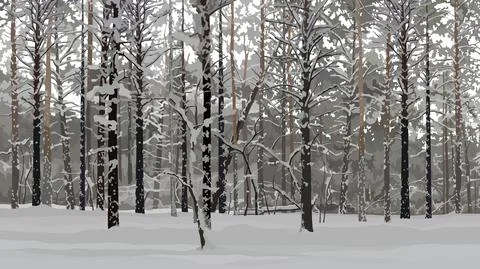 Background of gray winter snowy pine forest Stock Illustration